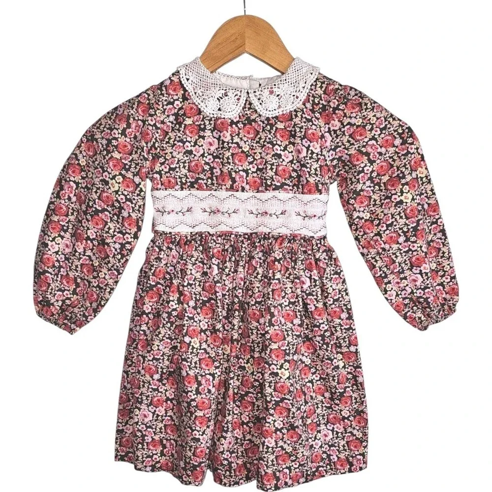 Bonnie Jean Ditzy Floral Smocked Lace Collar Long Sleeve Dress Size 5‎